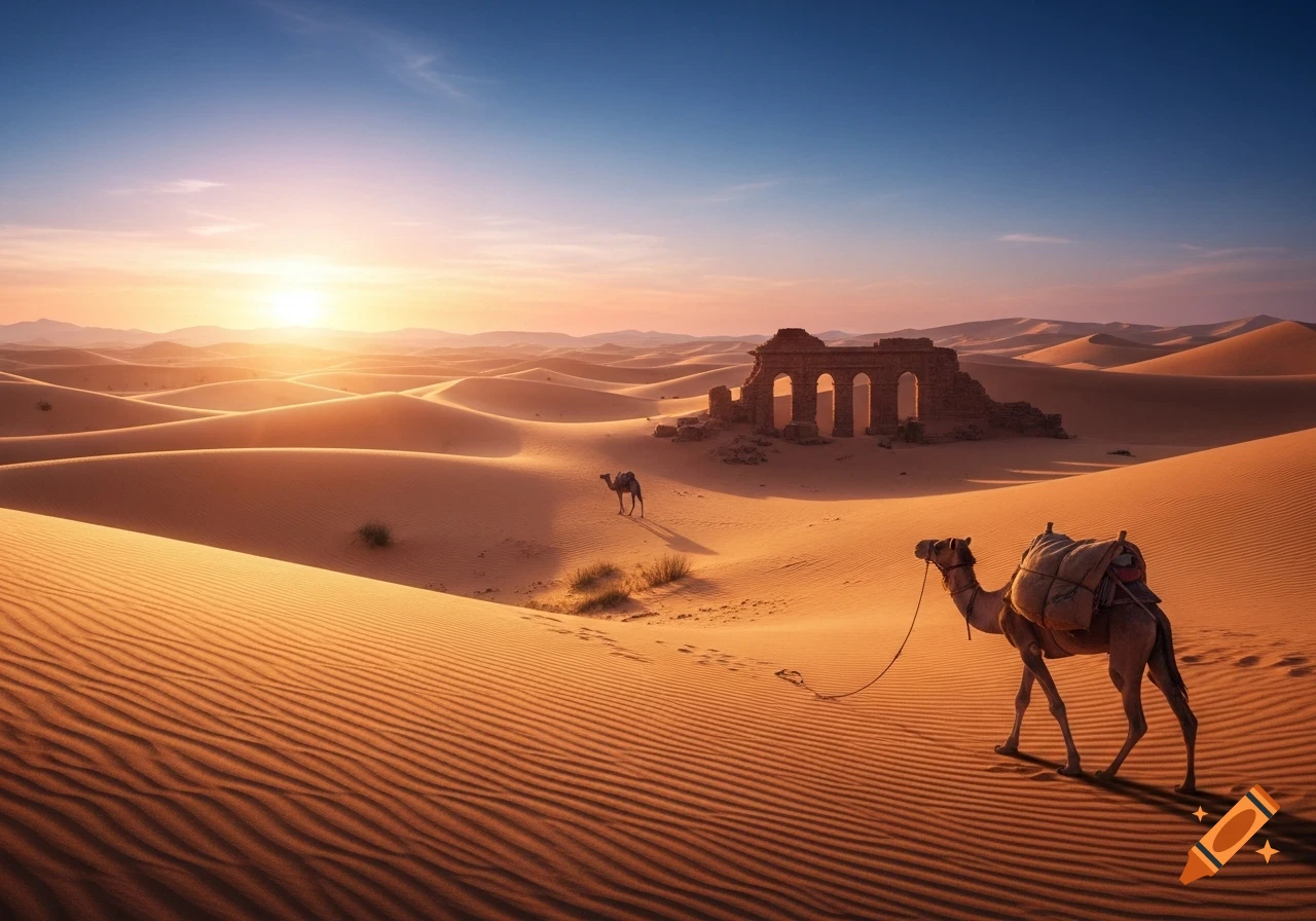 Photorealistic desert landscape at sunset with two camels, one close up and one in the distance, passing ancient ruins.