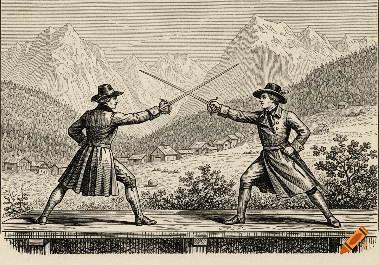 An old-fashioned engraving shows two men in historical attire fencing with swords in a mountainous, rural landscape.