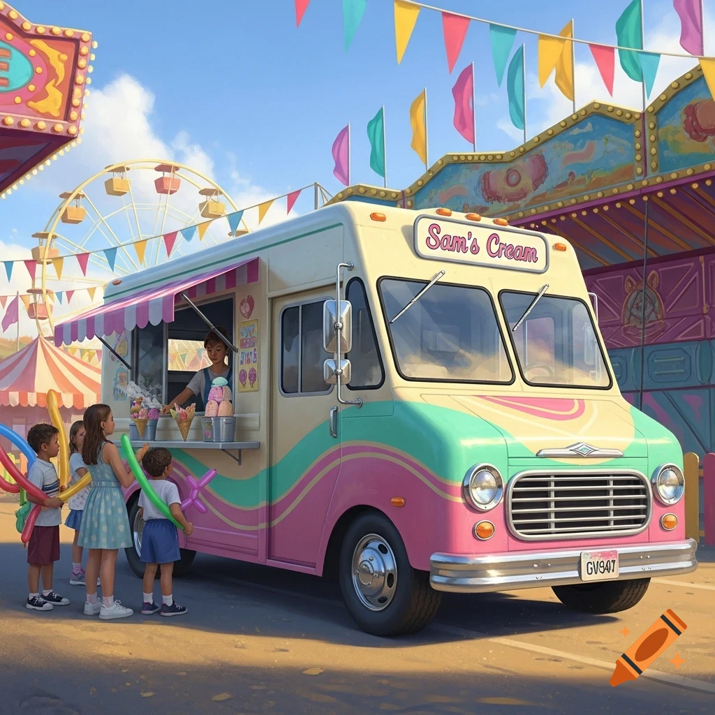A colorful ice cream truck labeled "Sam's Cream" serves children at a vibrant carnival with a Ferris wheel and flags, in a digital illustration style.