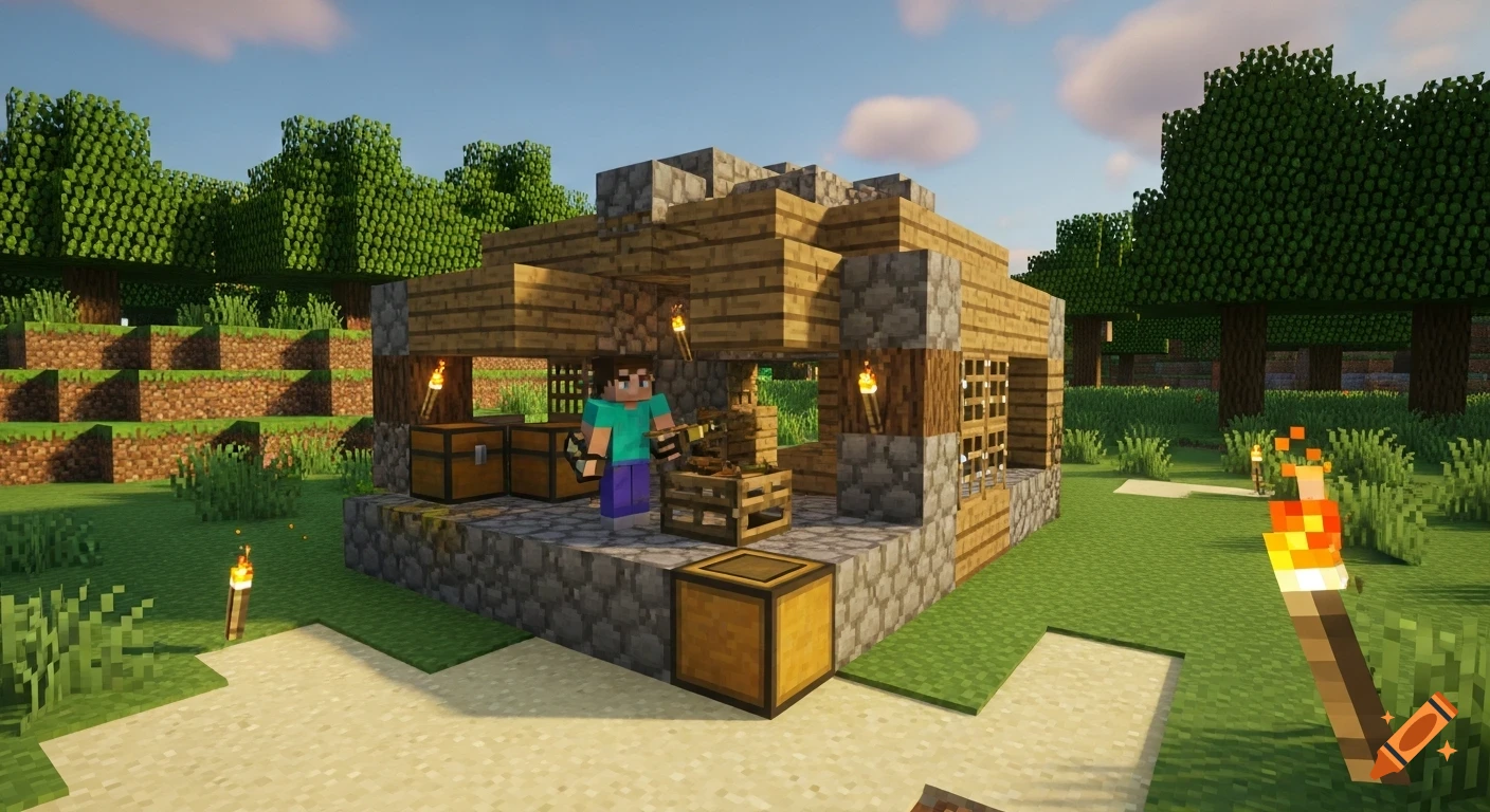 Minecraft player constructing a wooden and stone base in a vibrant blocky landscape with torches and chests.