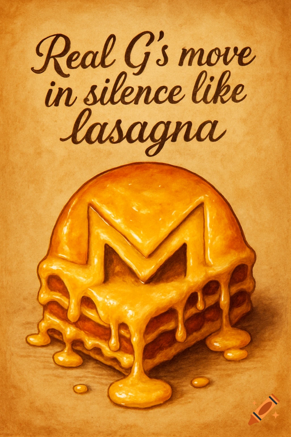 Monero logo made of cheesy lasagna on a parchment background, with the text 'Real G's move in silence like lasagna'.