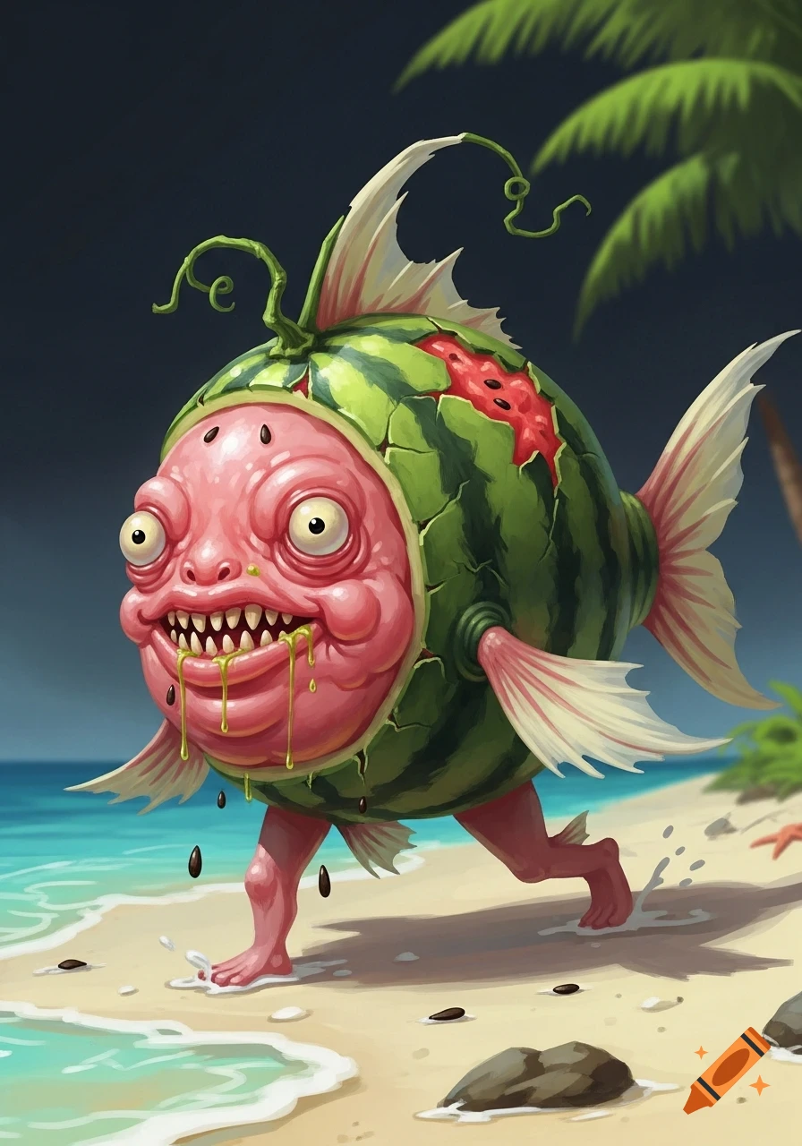A grotesque, watermelon-bodied fish with a pink, toothy face, dripping goo, walks on a tropical beach in a painterly style.