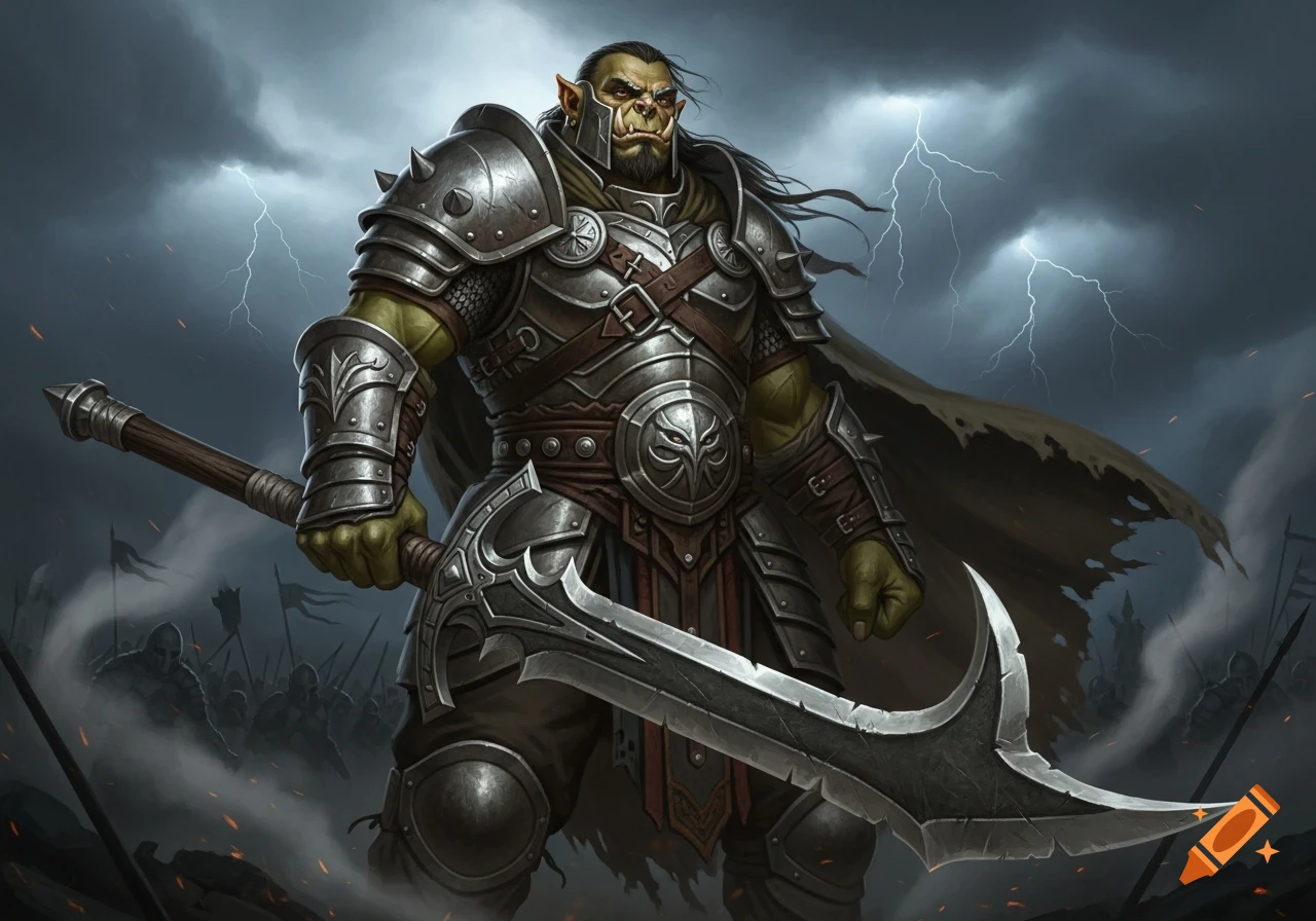A fierce armored orc warrior with a large glaive stands ready for battle under a stormy, lightning-filled sky, with an army in the background.
