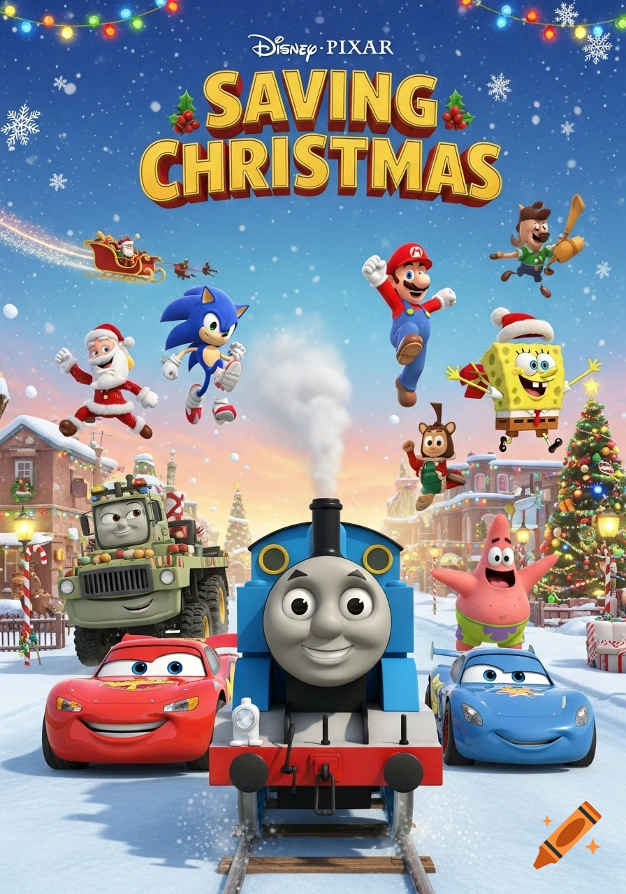 A colorful Disney-Pixar style movie poster featuring various cartoon characters like Thomas the Tank Engine, Lightning McQueen, Santa, Sonic, Mario, Spongebob, and Patrick in a snowy Christmas village scene, with the title 'Saving Christmas'.