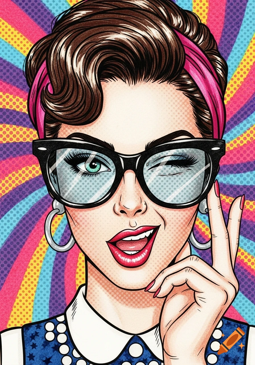 Pop art illustration of a winking woman wearing glasses and a pink headband, making a peace sign.