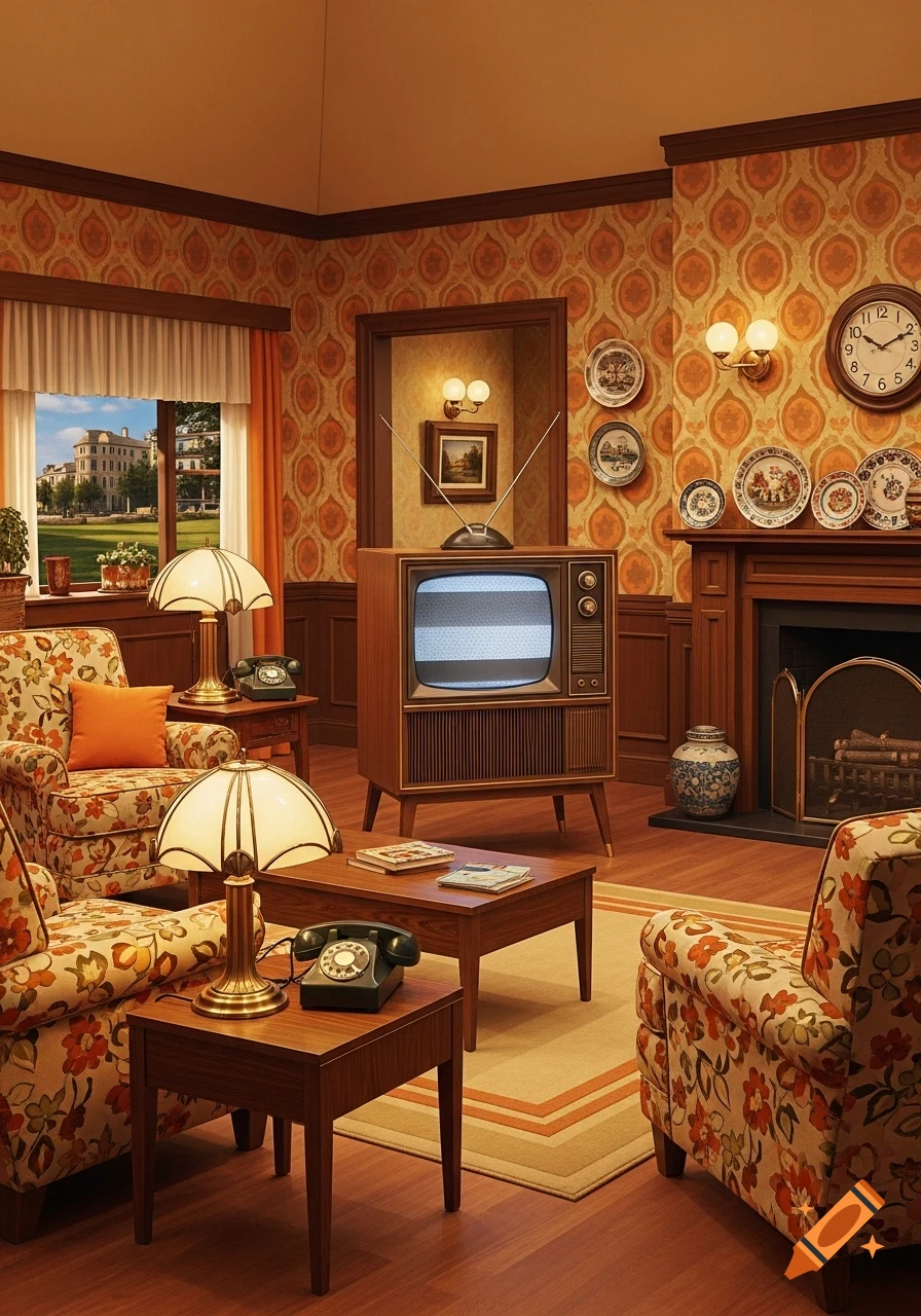 A retro 1960s living room with floral armchairs, a vintage TV, a fireplace, and patterned wallpaper.