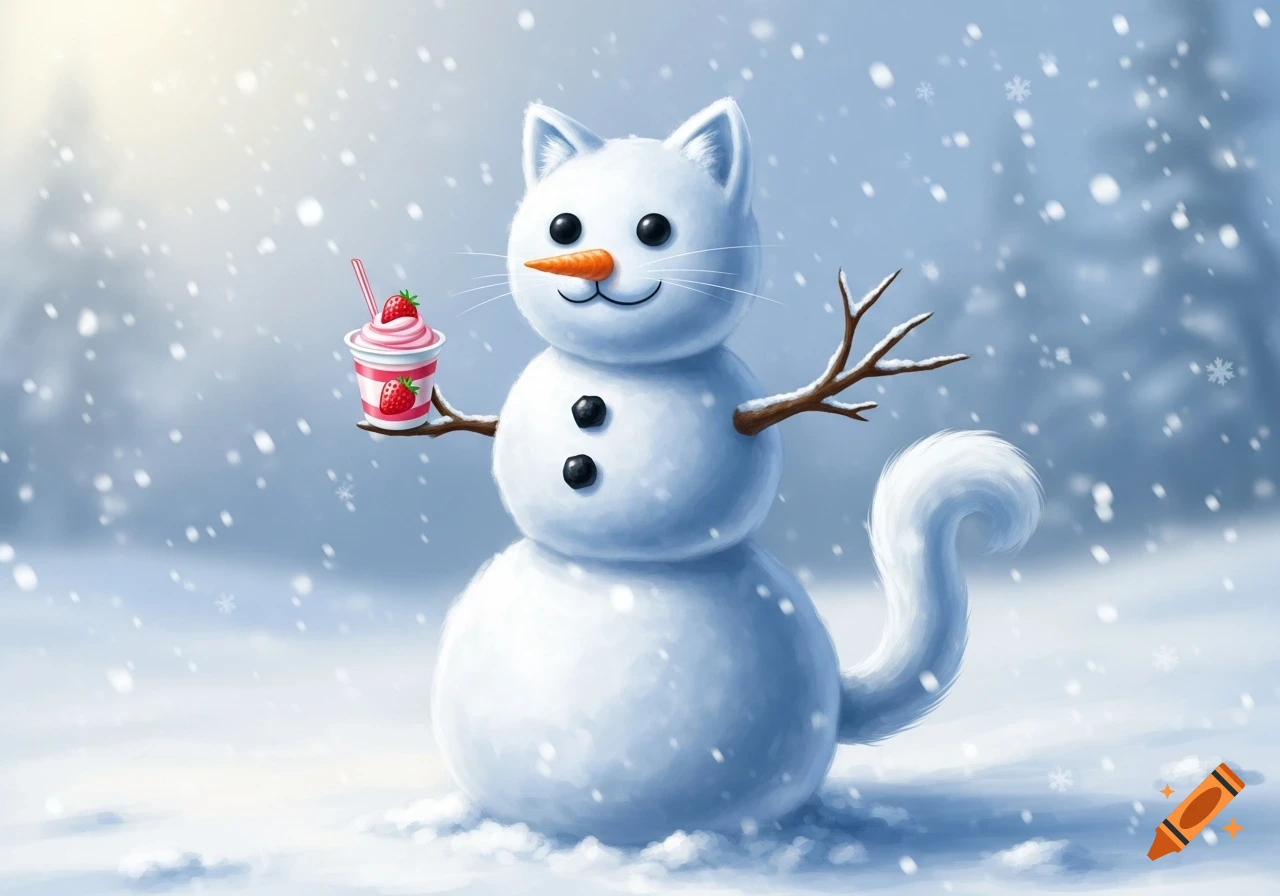 A cute cat-snowman holds a strawberry milkshake in a snowy winter scene.