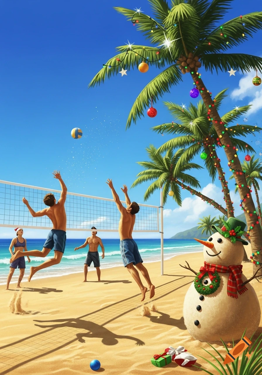Illustration of people playing beach volleyball on a tropical beach with decorated palm trees and a snowman, celebrating Christmas.