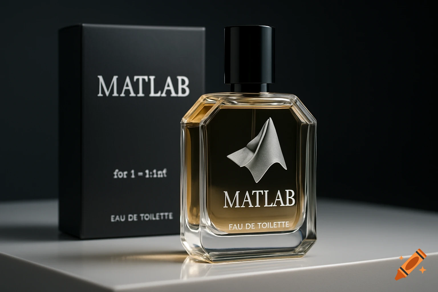 Hyperrealistic studio product photo of a luxurious MATLAB-branded cologne bottle and its matte black box on a sleek white surface.
