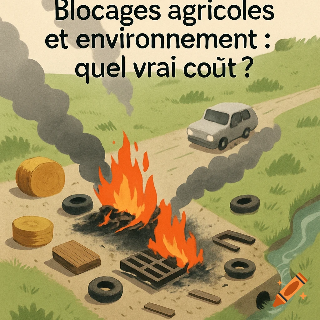 Illustration of burning hay and tires at an agricultural protest with smoke, a car, and a stream. Text: 'Blocages agricoles et environnement : quel vrai coût ?'.