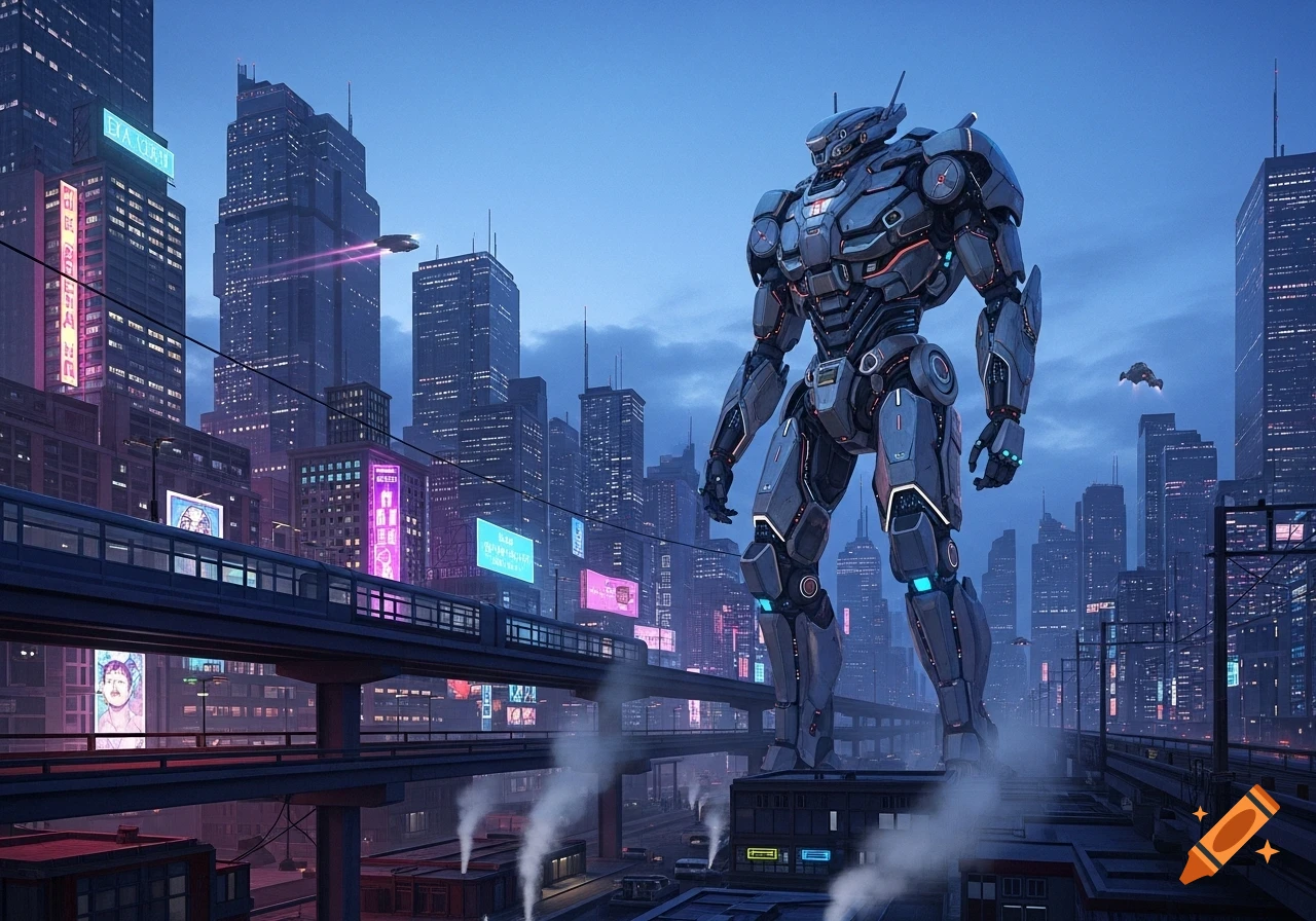 A giant grey mech stands on a raised platform in a futuristic city at dusk, with glowing neon signs and flying vehicles.