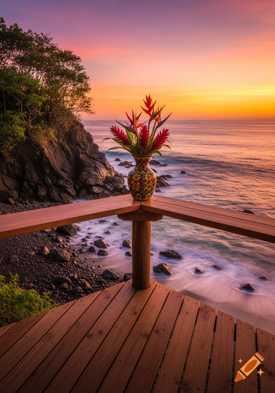 A vase of tropical flowers sits on a wooden deck overlooking a rocky beach and ocean at sunset, with a vibrant sky.