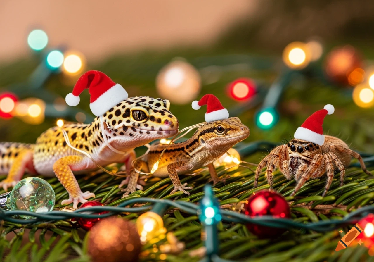 A leopard gecko, a baby brown anole, and a jumping spider, all wearing red Santa hats, pose amidst festive Christmas lights and greenery.