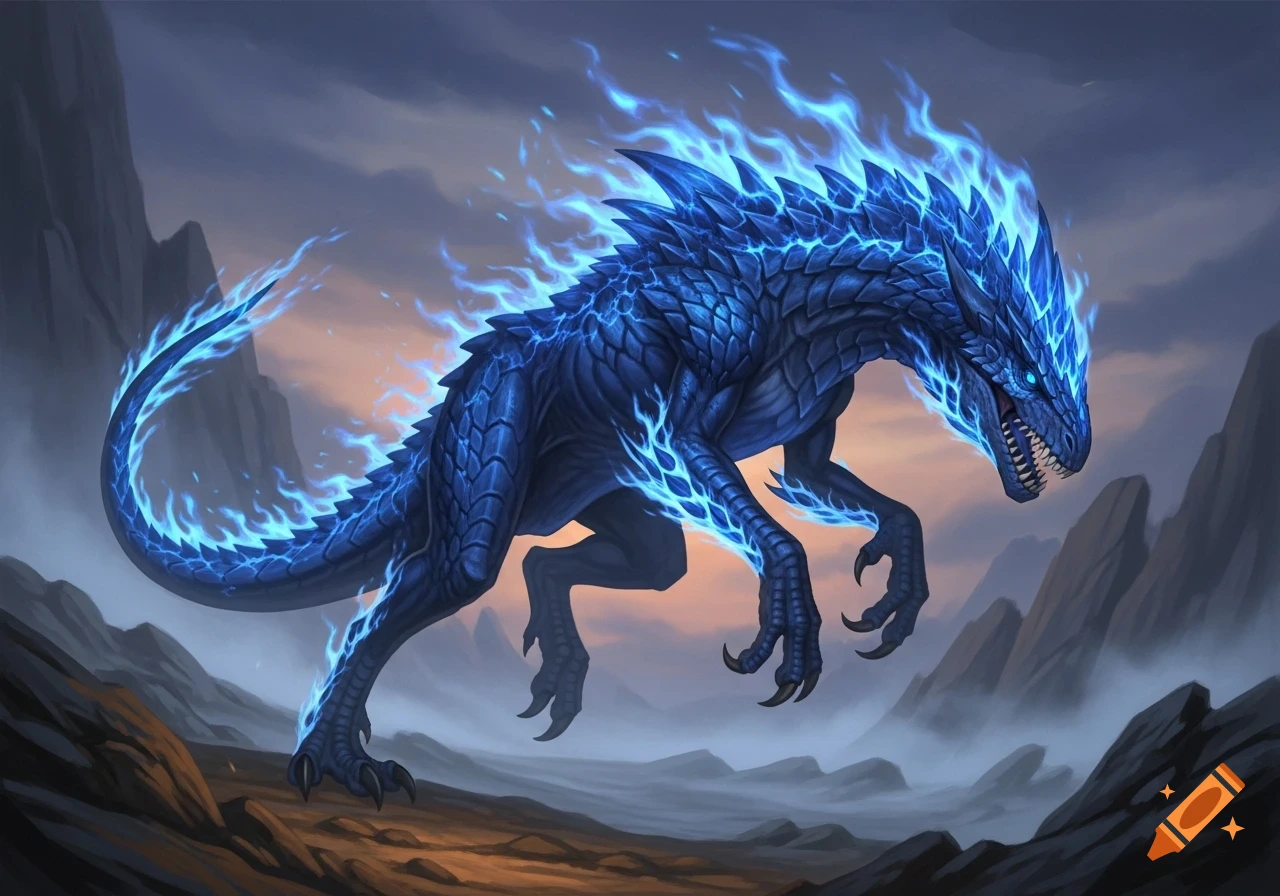 A blue scaly dinosaur-like creature with glowing blue flames along its back and tail, standing in a rocky, misty landscape.