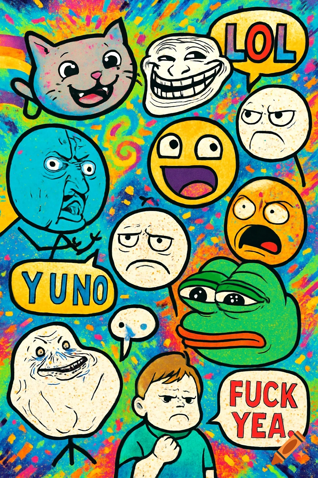 A vibrant, colorful collage of various internet memes and rage comic characters, including Trollface, Forever Alone, Pepe the Frog, and a 'Fuck Yea.' speech bubble.