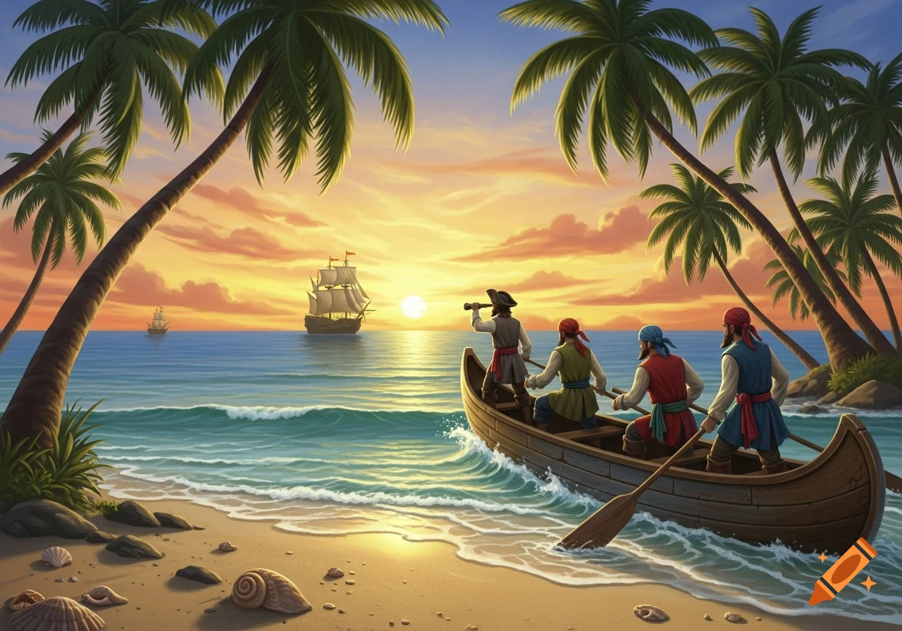An "Artsy" style illustration of pirates in a canoe near a sandy beach with palm trees at sunset, with ships in the background.
