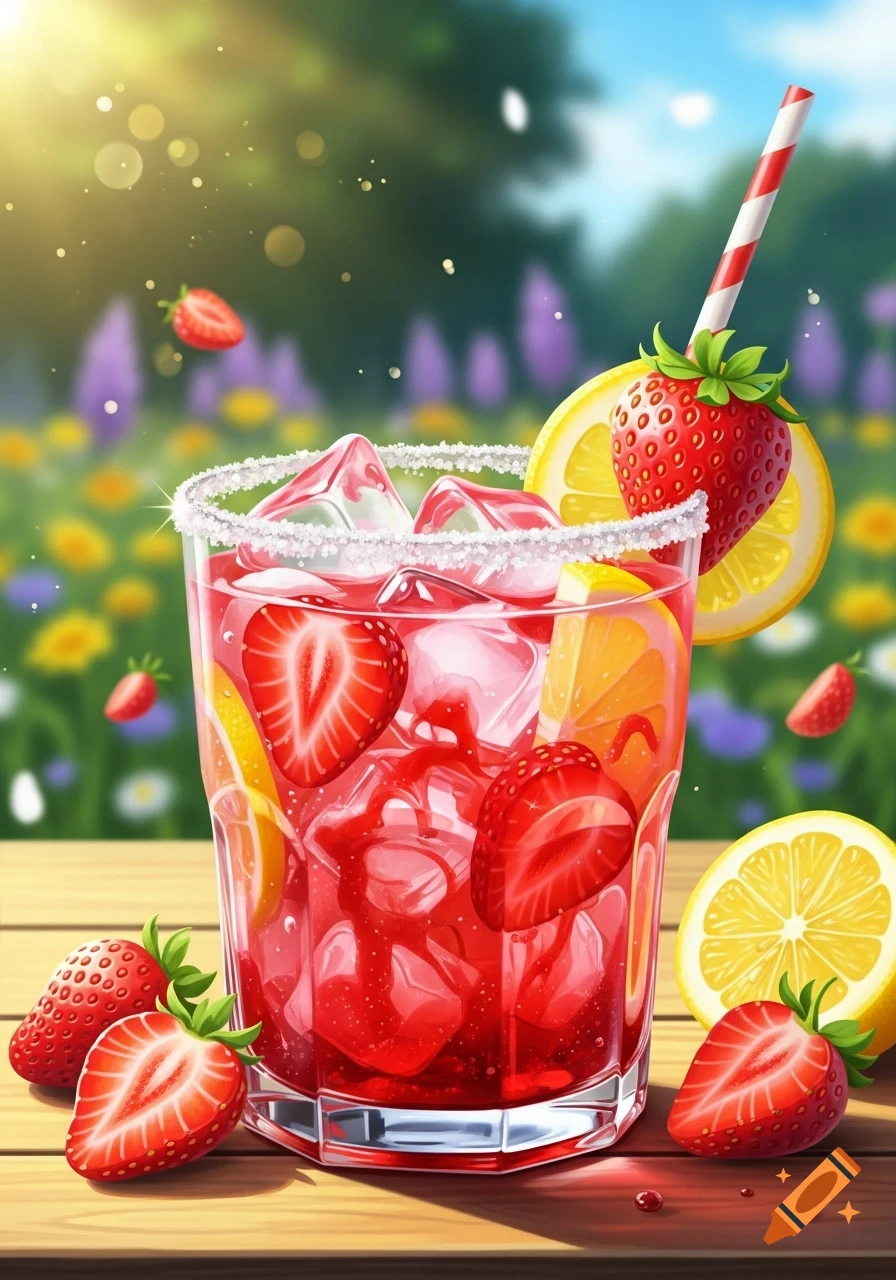 Vibrant strawberry lemonade with ice, lemon slices, and whole strawberries on a wooden table in a sunny garden.