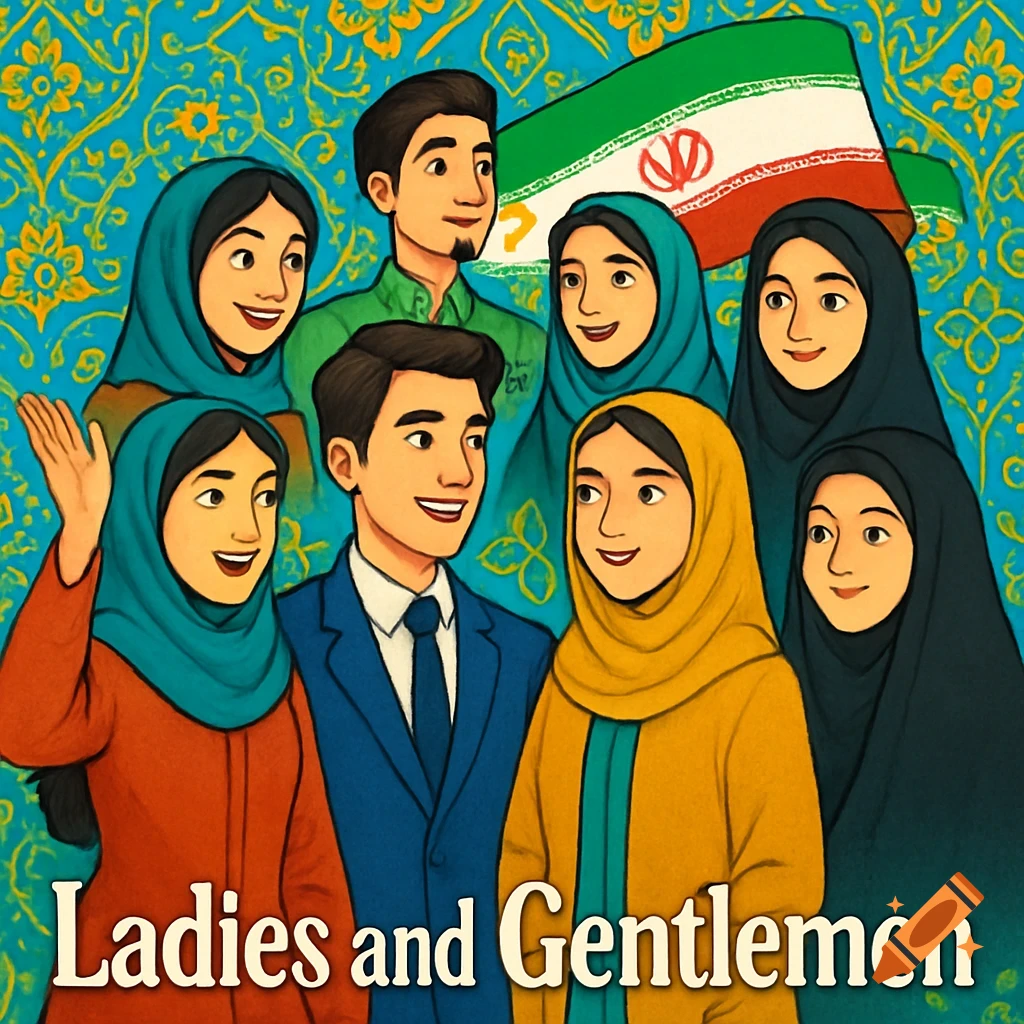 Cartoon of young Iranian men and women, some in hijabs, with an Iranian flag and a blue-gold Islamic pattern background. Text: Ladies and Gentlemen.