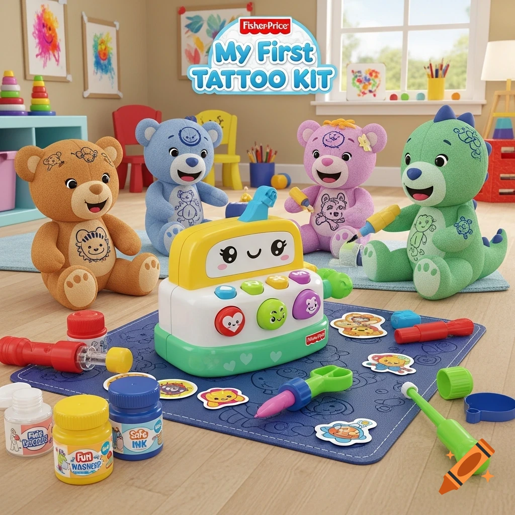 A Fisher-Price 'My First Tattoo Kit' with four stuffed animals, toy tattoo tools, and ink bottles on a mat.