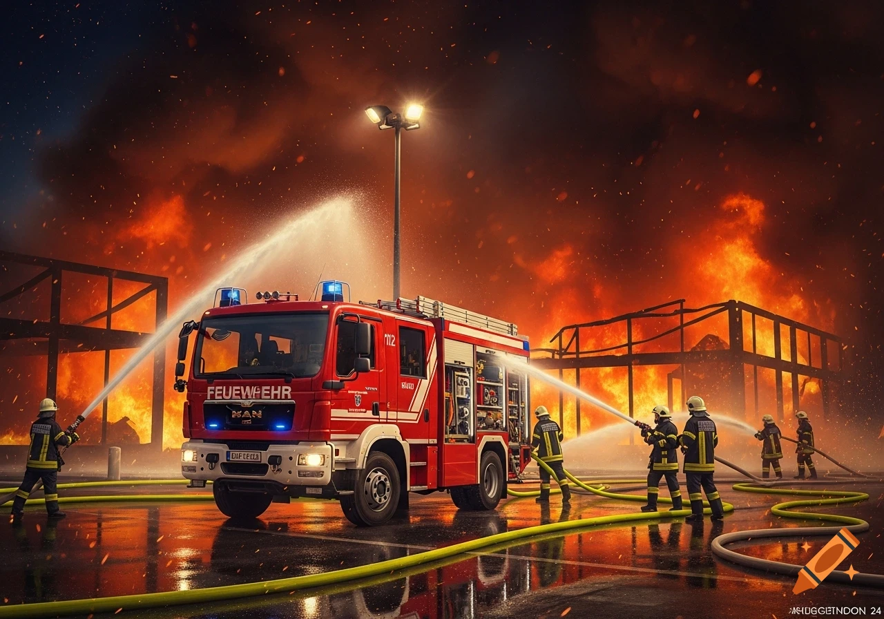 Photorealistic image of firefighters with a red fire truck battling a large building fire at night, spraying water.