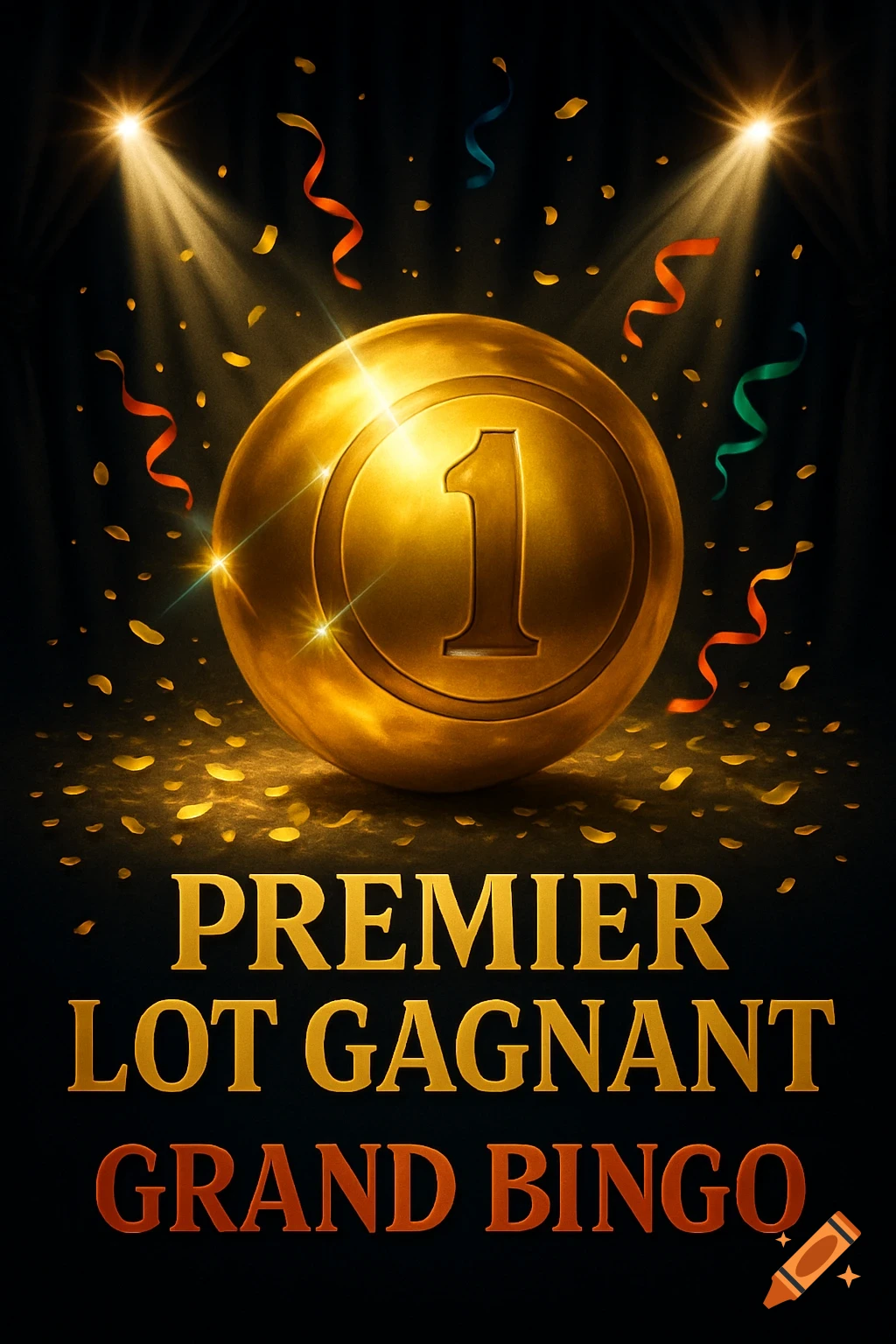 Golden number 1 bingo ball under spotlights with confetti and text 'PREMIER LOT GAGNANT GRAND BINGO'.