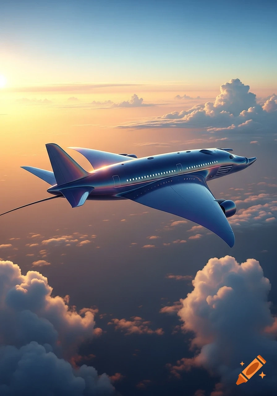 A sleek, futuristic blue aircraft, shaped like a manta ray, soars above clouds during sunset.