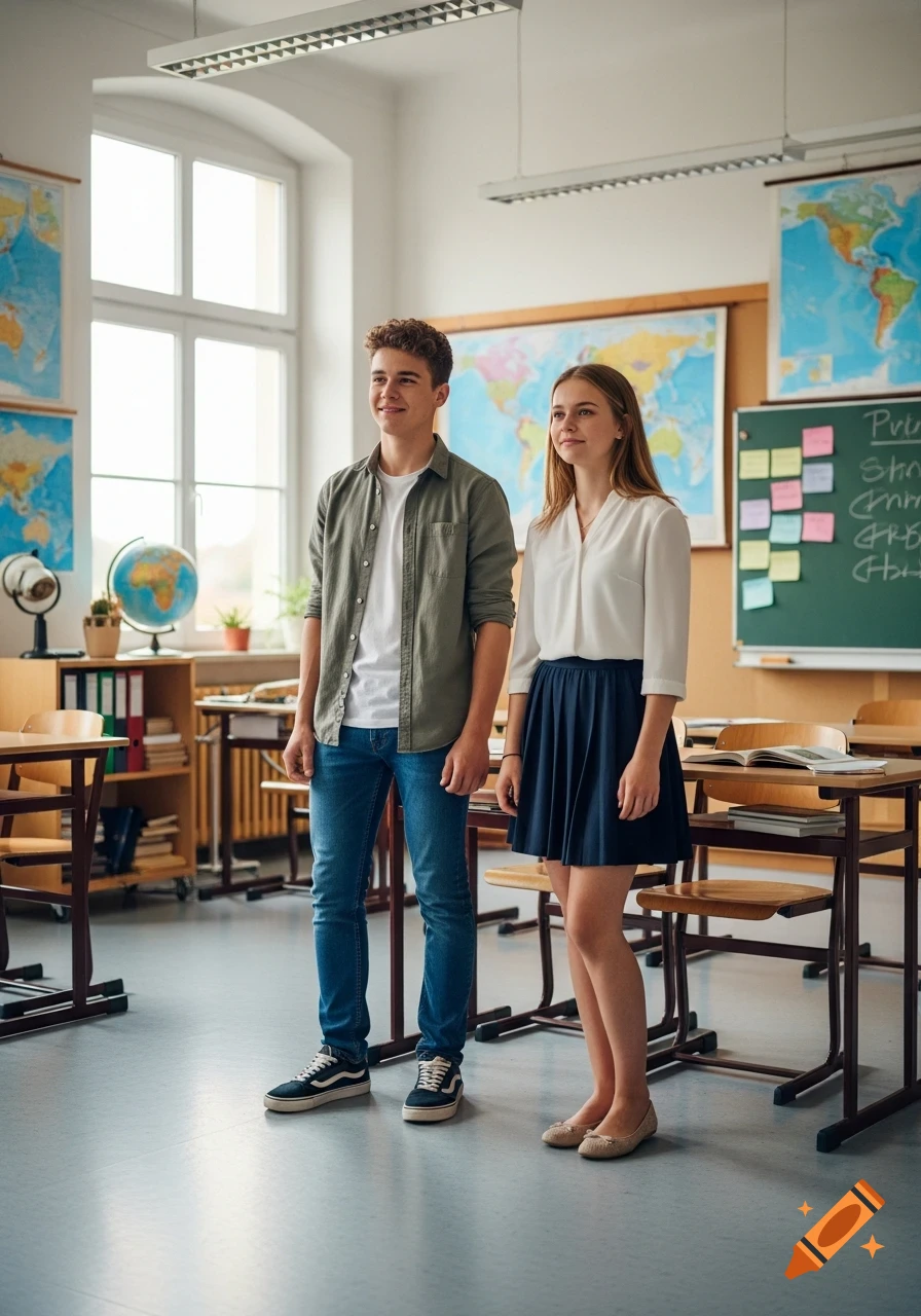 Two smiling high school students, a boy and a girl, stand in a bright classroom with world maps and a blackboard.