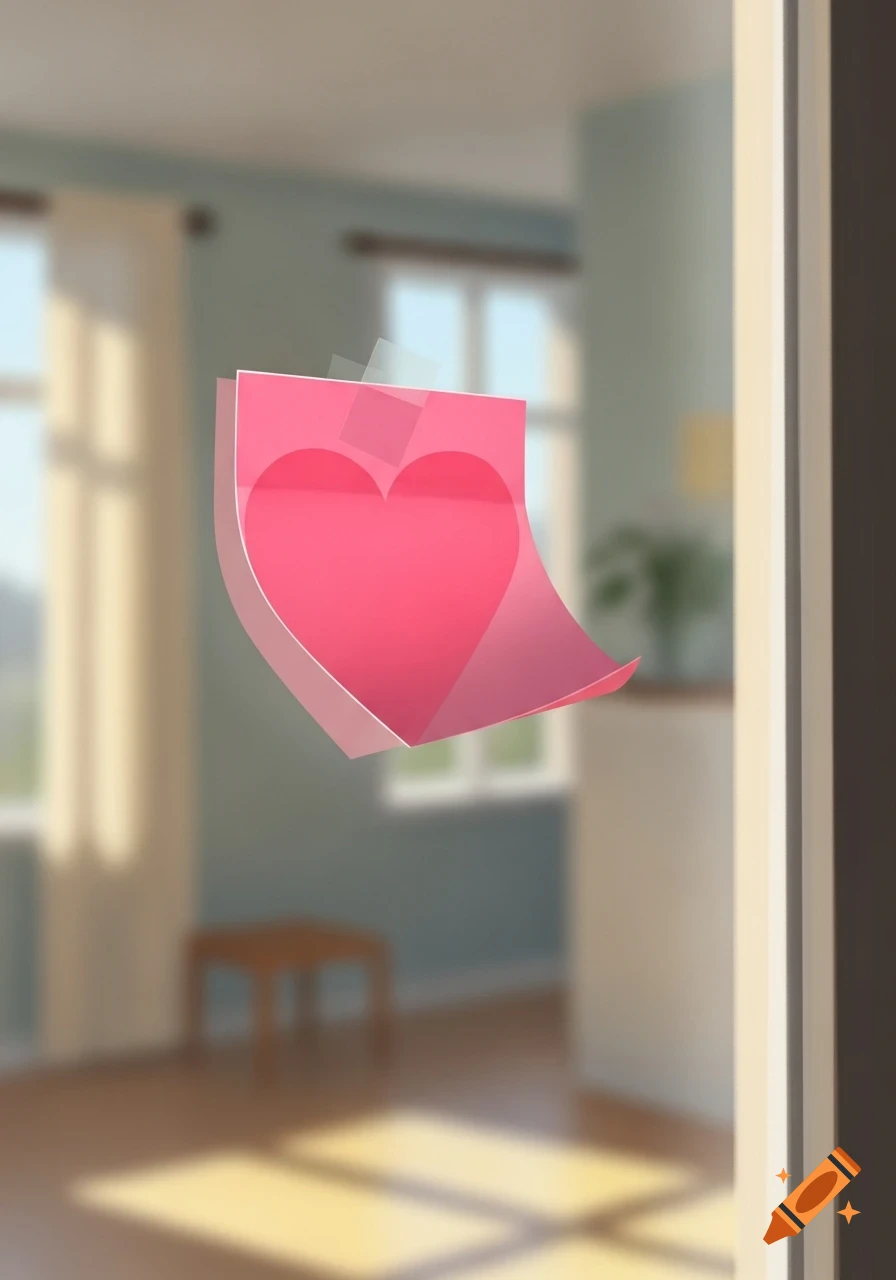A pink heart-shaped sticky note is taped to a transparent surface, with a blurry domestic interior visible in the background.