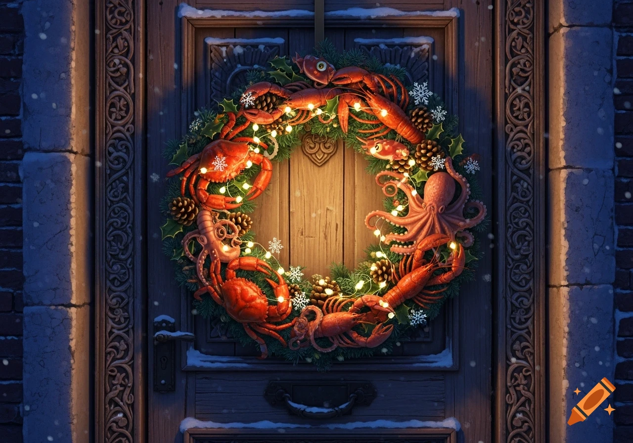 A unique Christmas wreath made of crabs, lobsters, and octopuses, adorned with string lights and pinecones, hangs on a snowy wooden door.