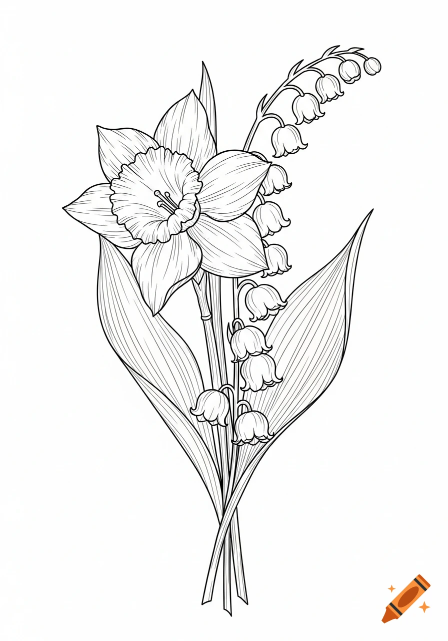 Minimalist black line art illustration of intertwined daffodil and lily of the valley flowers with leaves on a white background.