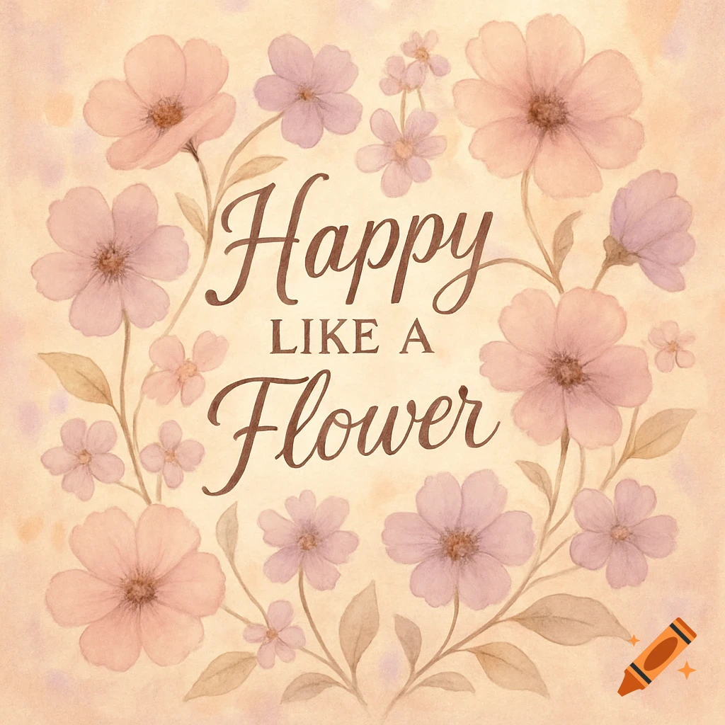 Watercolor illustration of a wreath of pink and purple flowers with green leaves around the text "Happy LIKE A Flower" on a beige background.