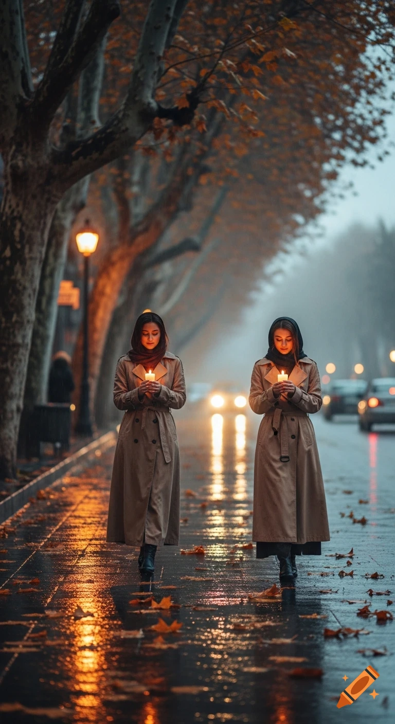 Two women in trench coats walk slowly on a rainy autumn street, each holding a lit candle, with warm city lights reflecting on the wet asphalt.