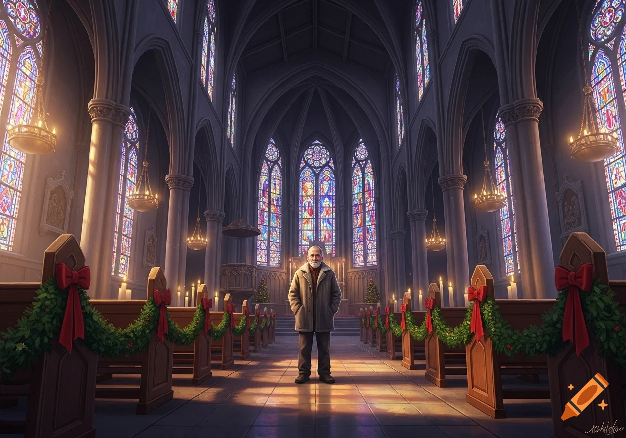 An old man stands alone in a grand, gothic-style church, festively decorated with Christmas garlands and red bows on the pews, illuminated by colorful stained glass windows.