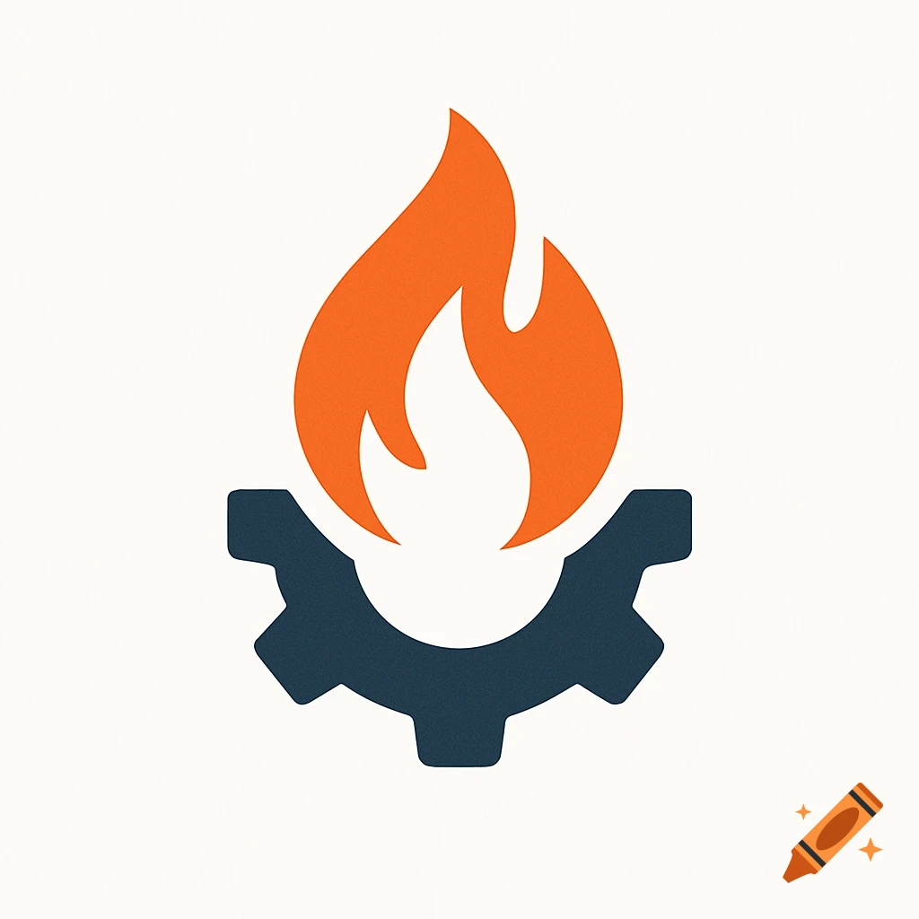 Stylized logo featuring an orange flame icon above a dark blue gear icon on a white background.