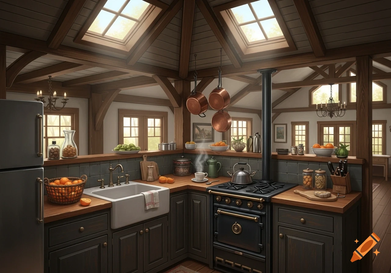 A rustic, cozy kitchen with wooden beams, skylights, a farm sink, and a black stove, filled with warm light.
