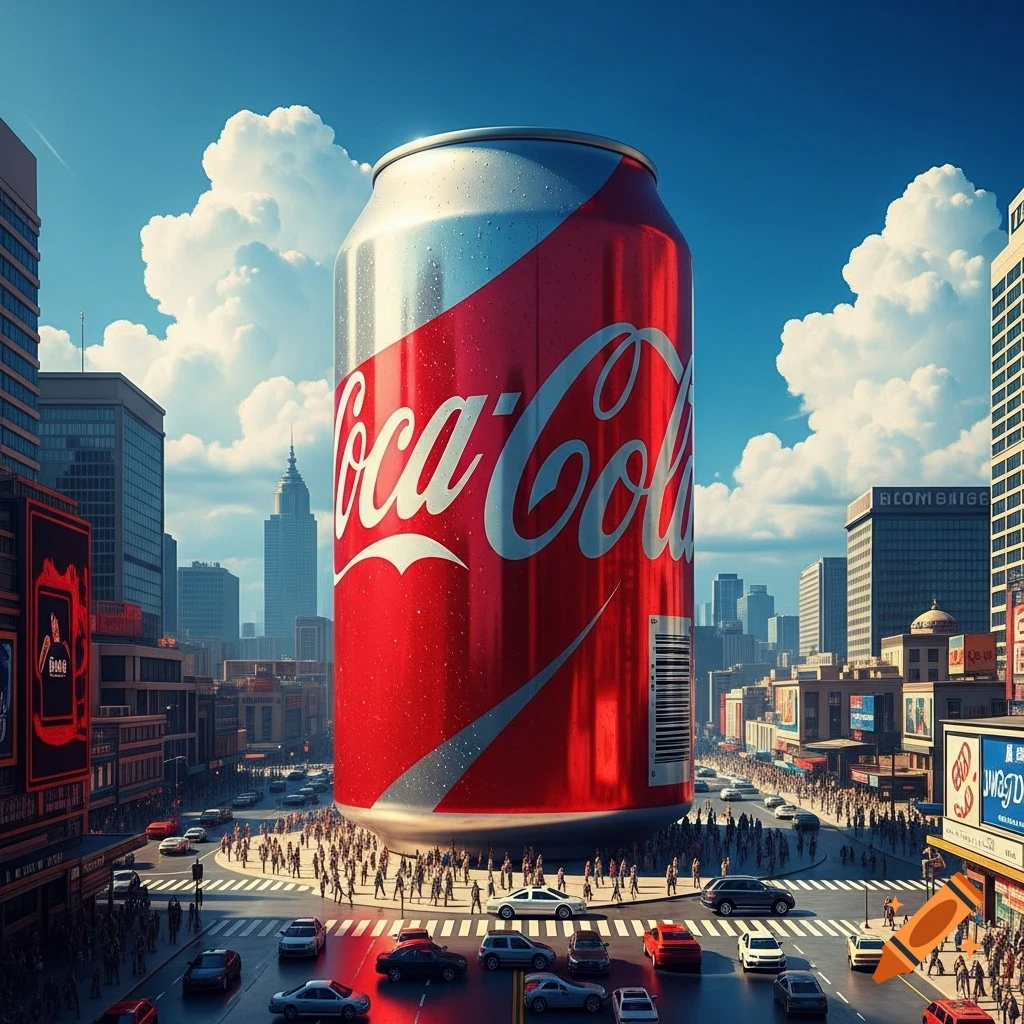 A giant Coca-Cola can stands at a busy city intersection, surrounded by traffic, pedestrians, and skyscrapers under a blue sky.