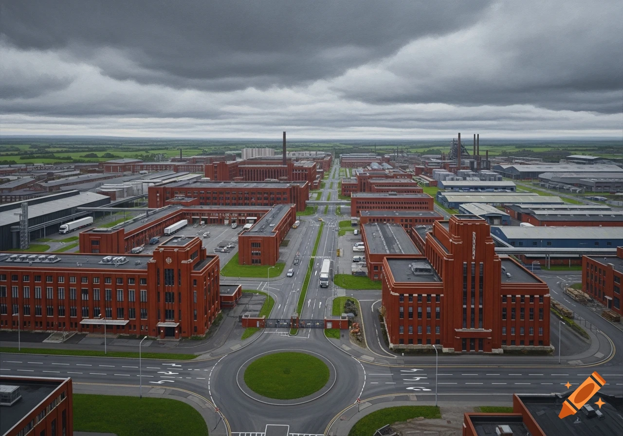 Aerial view of a vast, desolate industrial complex with red brick Art Deco buildings under a cloudy sky.