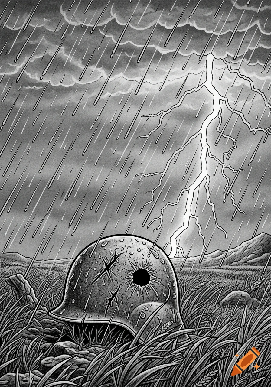 Black and white illustration of a war helmet with a bullet hole in tall grass under a stormy, rainy sky with lightning.