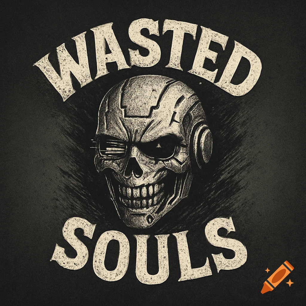 Grunge-style logo with a metallic cyberpunk skull and text 'Wasted Souls' on a dark background.