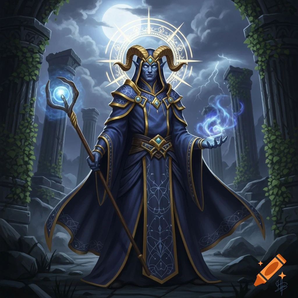 A blue-skinned male tiefling warlock with gold-tipped horns, wearing ornate blue and gold robes, stands in ancient ruins under a moonlit sky.