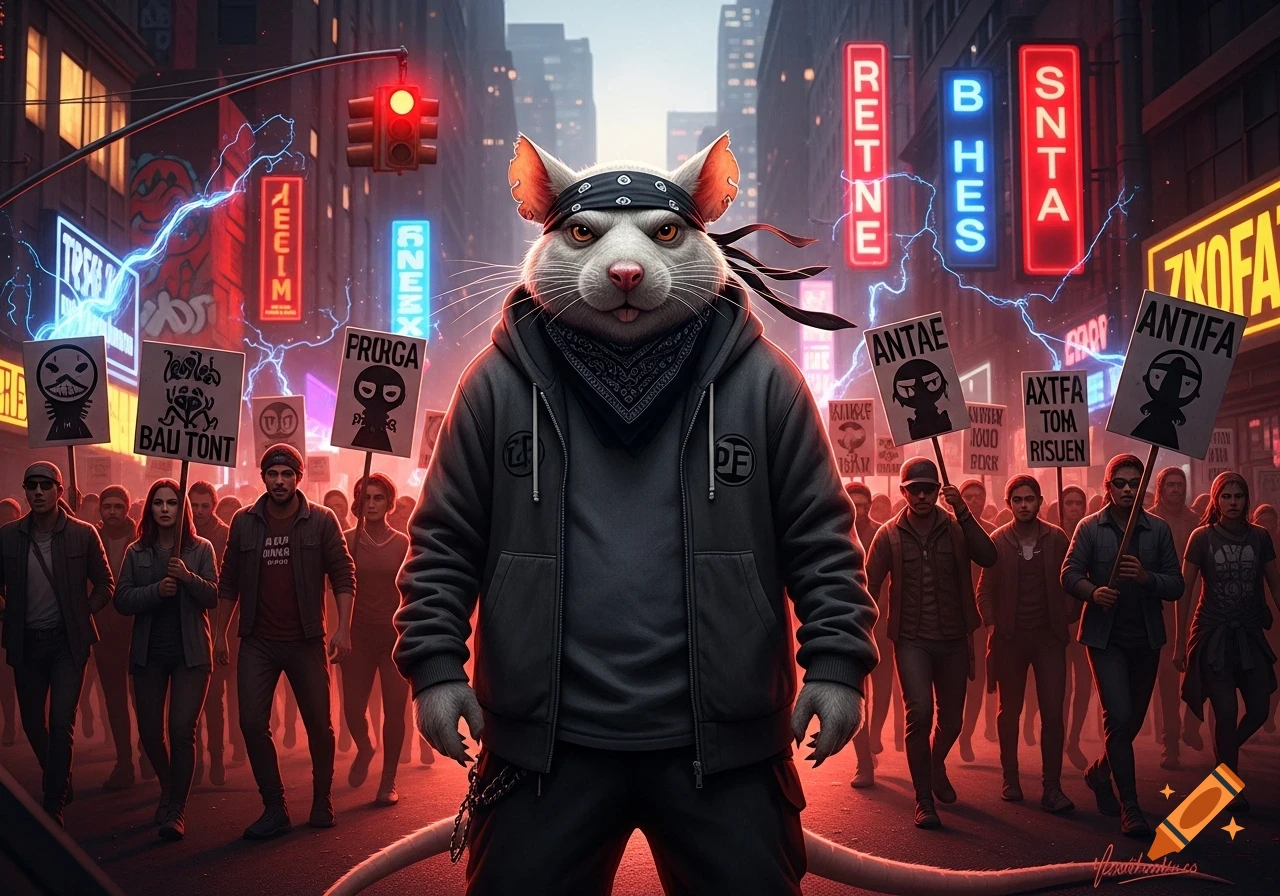 An anthropomorphic rat-like character in a bandana and hoodie leads a nighttime protest through a city street, surrounded by people holding signs and neon lights. The image has a dramatic, cinematic feel.