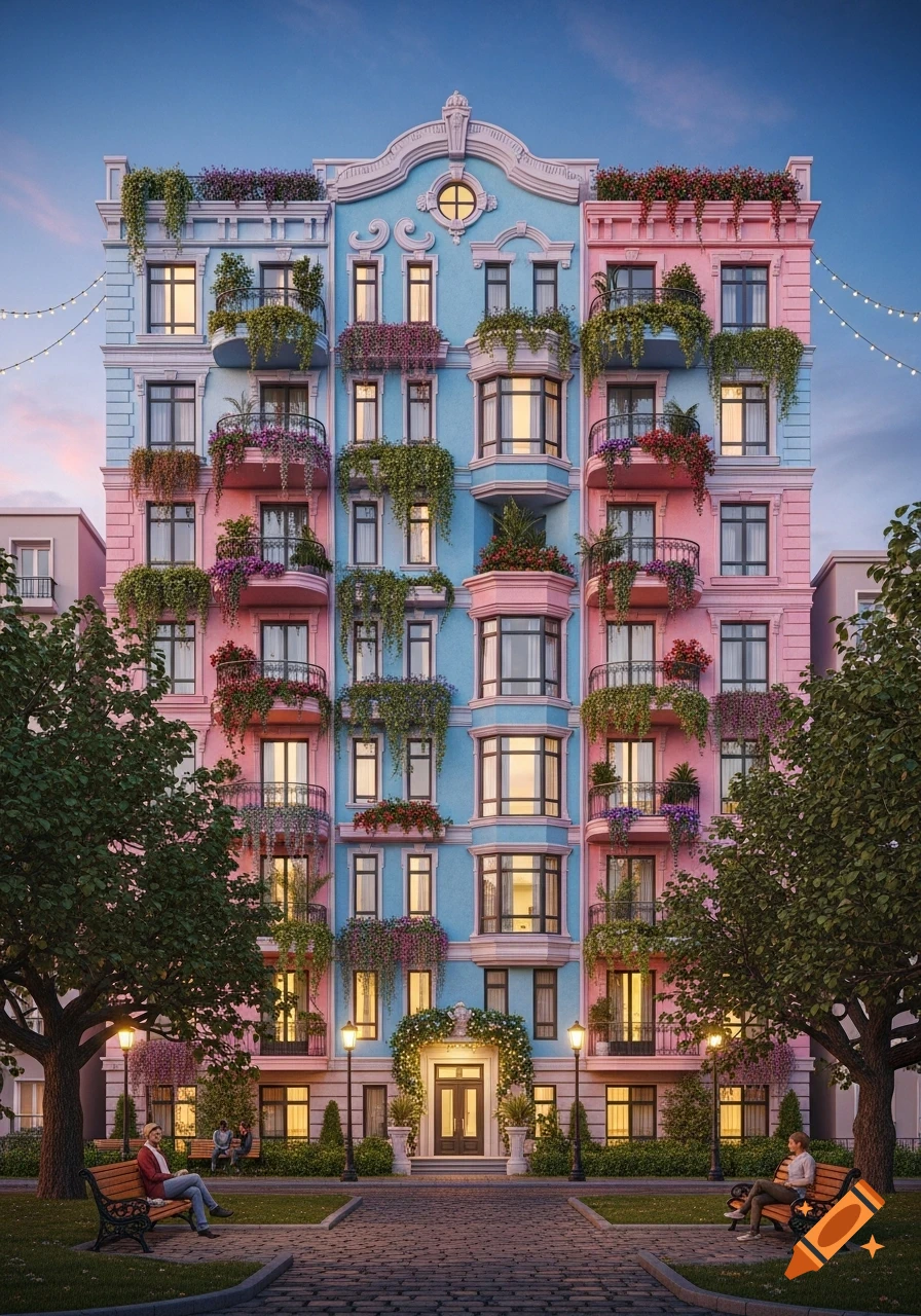 A vibrant, colorful apartment building with pink and blue sections, adorned with lush green plants and flowering balconies, facing a park with people on benches.