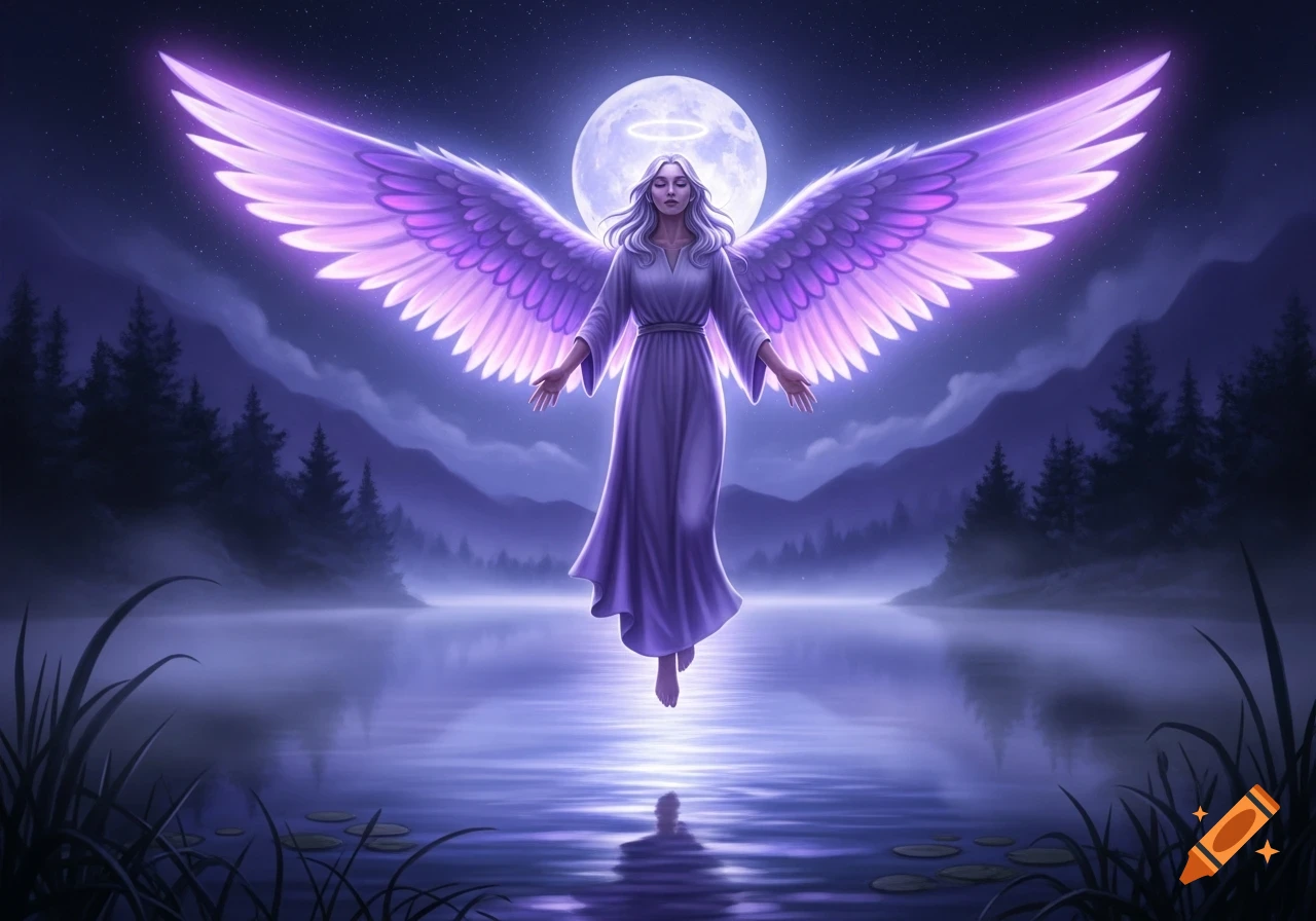 A majestic angel with large, glowing purple wings floats above a misty lake at night, under a luminous full moon.
