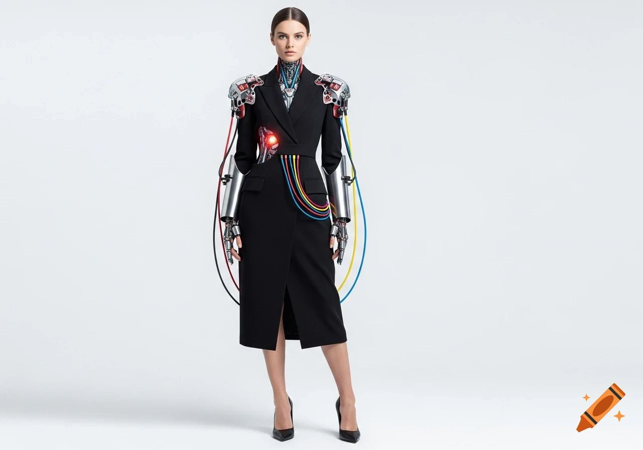 A model in a futuristic black blazer dress with silver robotic arms and colorful wires, standing against a minimalist white background.