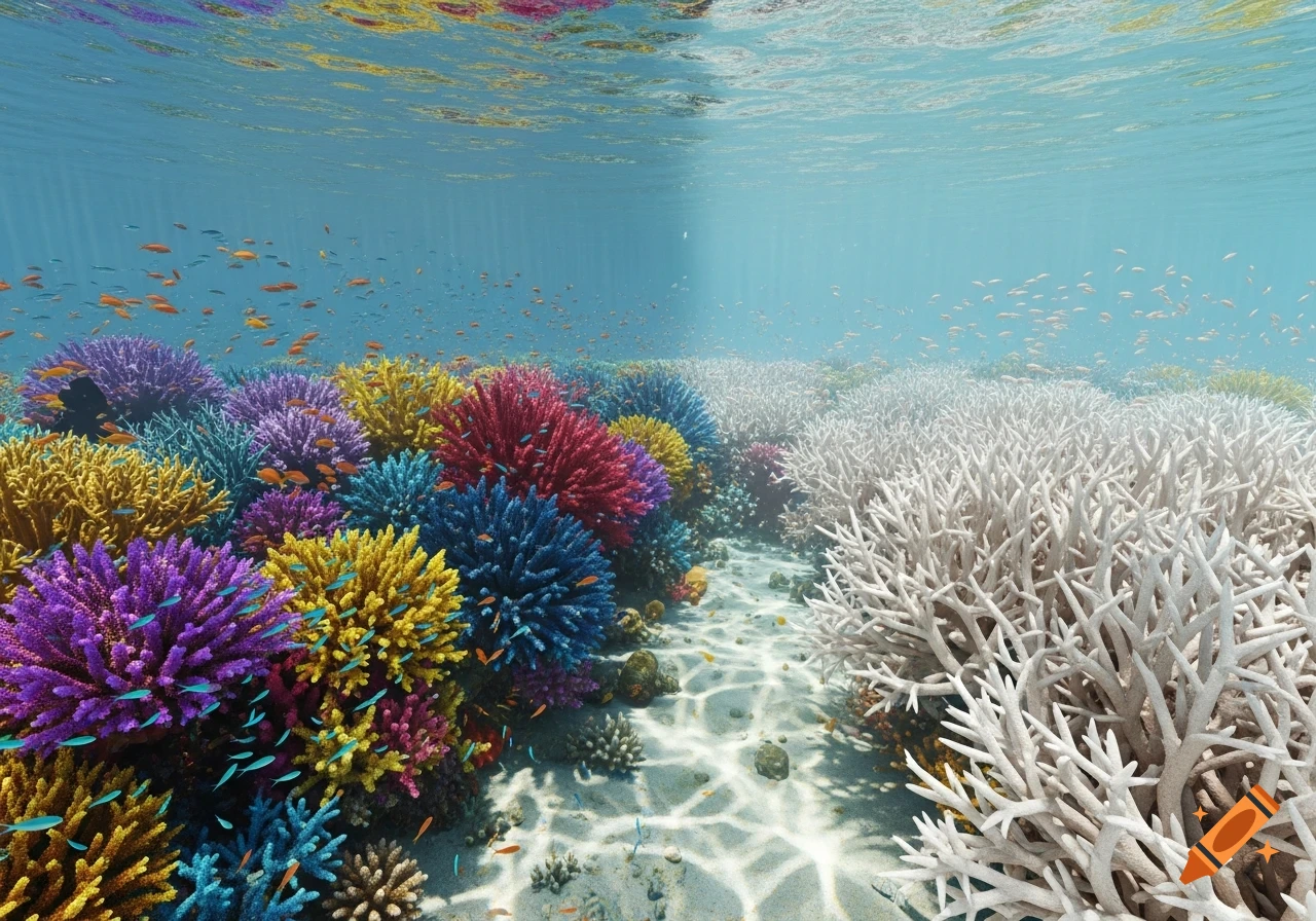 Vibrant, colorful coral reef contrasting with bleached white coral, with schools of fish and sunlight filtering through clear blue water.