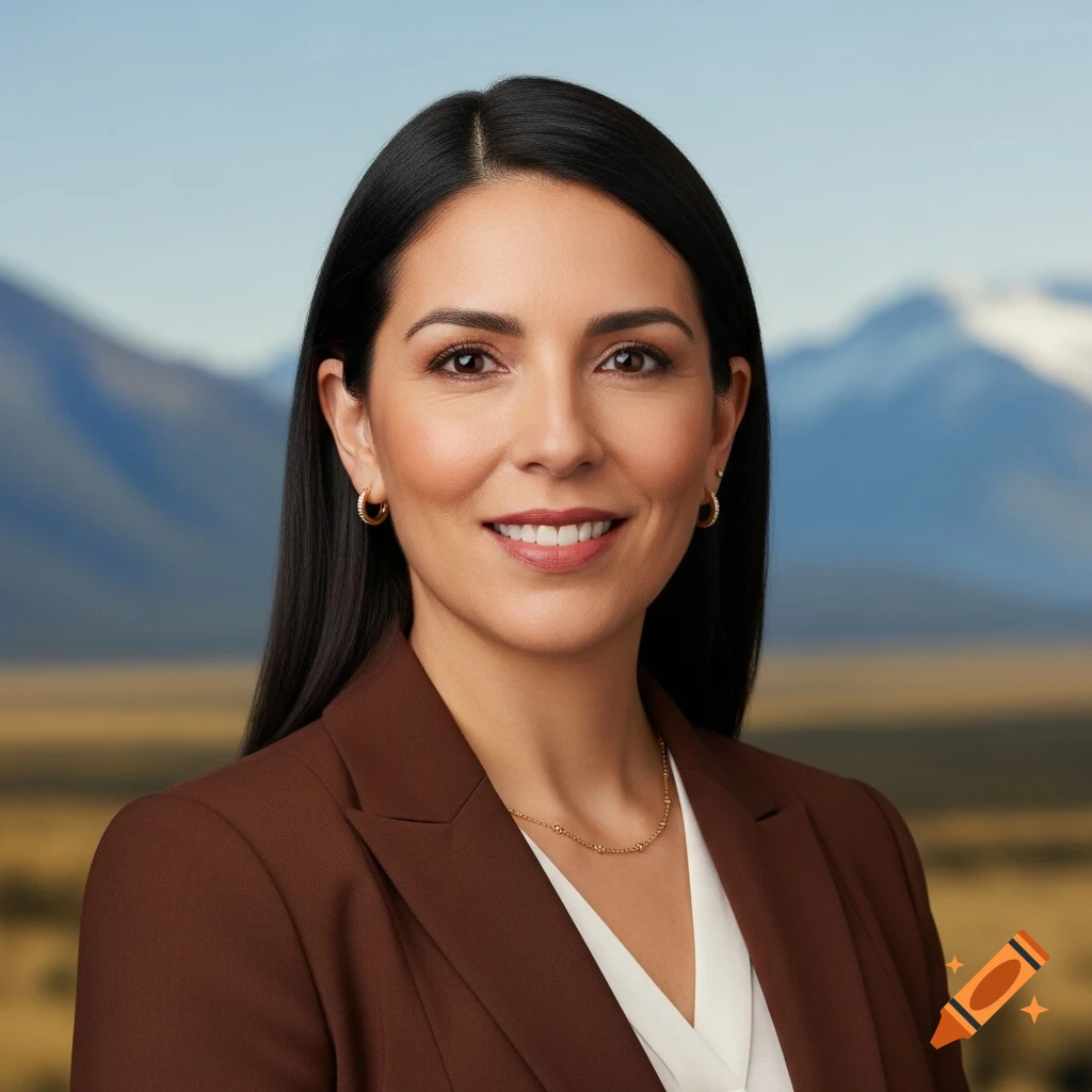 Smiling professional woman with dark hair in a brown blazer, wearing a necklace and hoop earrings, against a blurred mountain landscape.