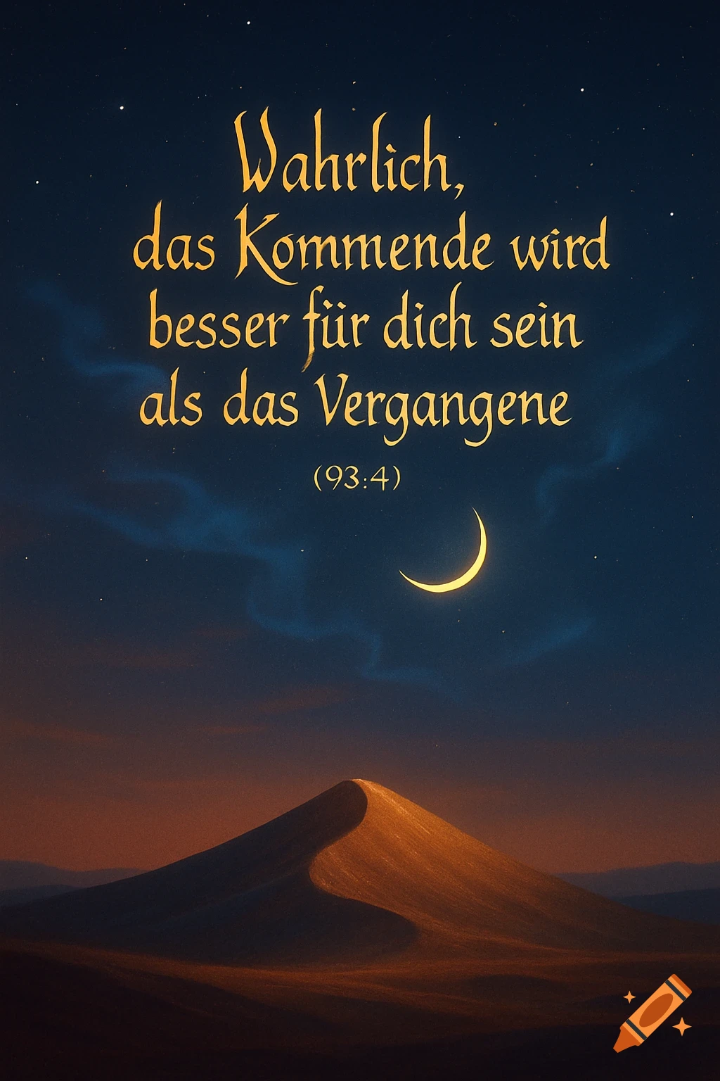 A desert dune at sunset beneath a starry, dark blue sky with a crescent moon. Golden German text is centered, quoting "Wahrlich, das Kommende wird besser für dich sein als das Vergangene (93:4)".