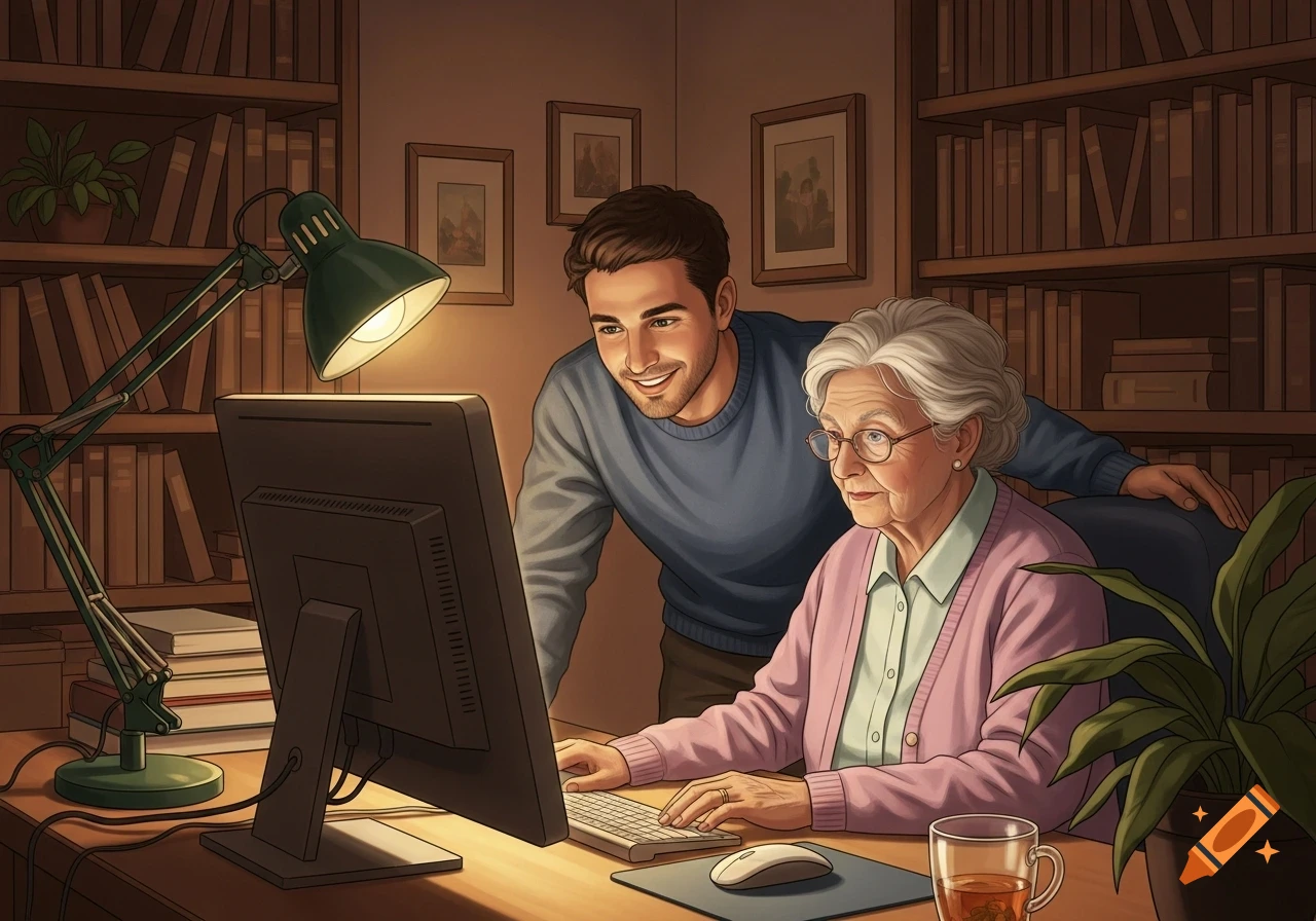 A smiling young man helps an elderly woman use a computer on a desk, surrounded by bookshelves in a warm, illustrative style.