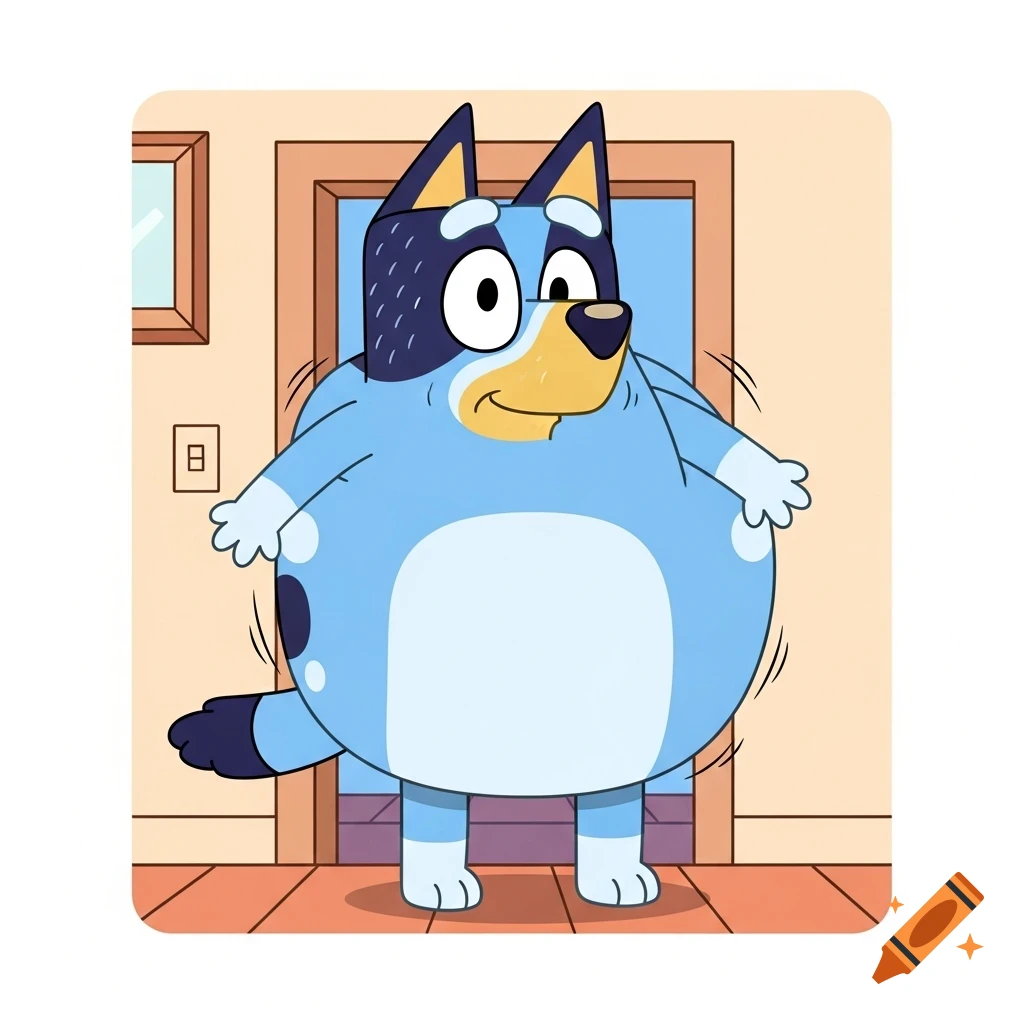 Bluey, a blue cartoon dog, inflated like a giant balloon and appearing stuck in a doorway, with a number eight symbol on the wall.