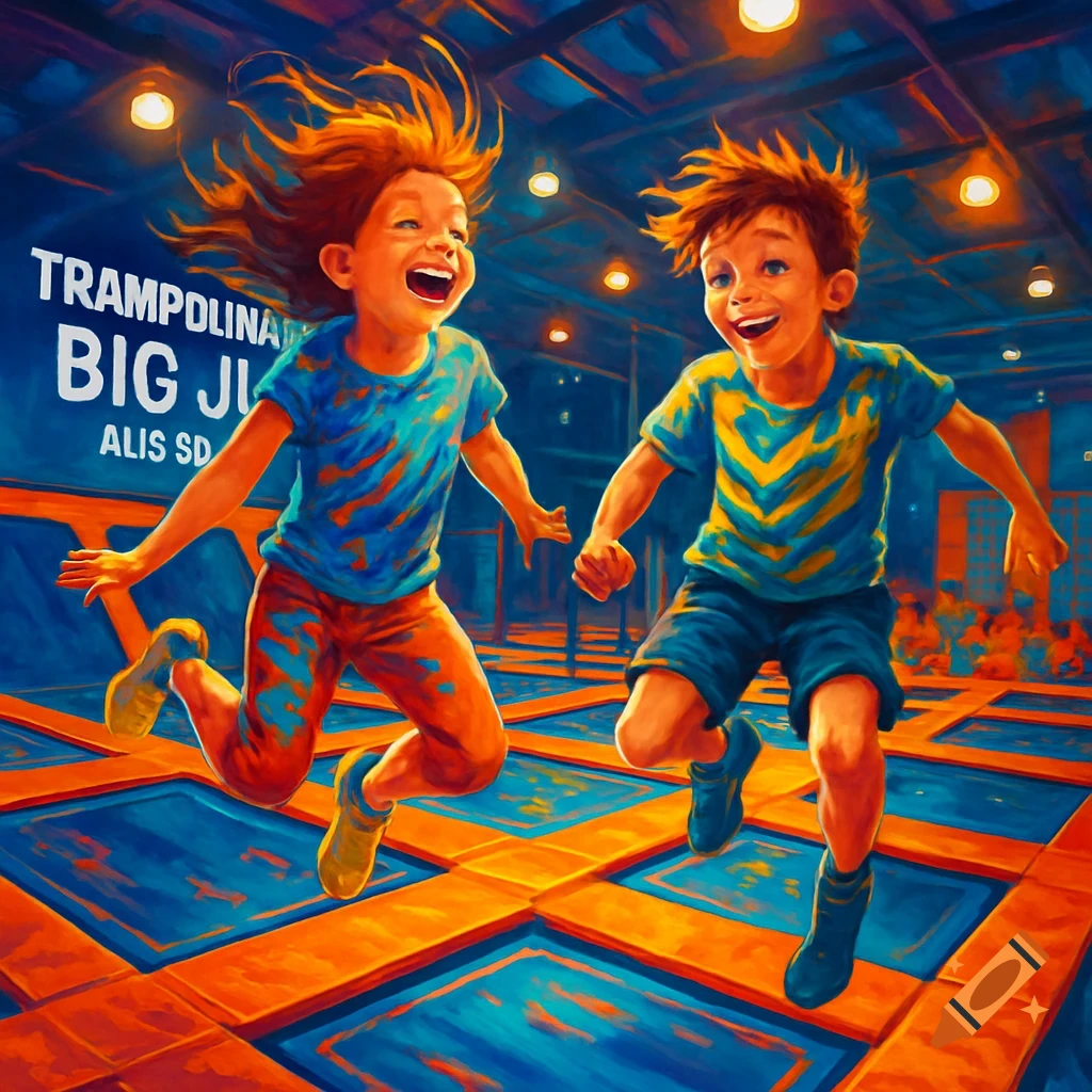 Two happy children with spiky hair jump high on blue and orange trampolines in a vibrant, stylized indoor park.